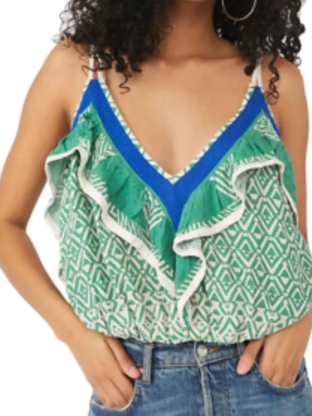 FREE PEOPLE ANIKA RUFFLE CAMI FLOWY TANK BLUE TRIM JADE COMBO SZ MEDIUM NWT
